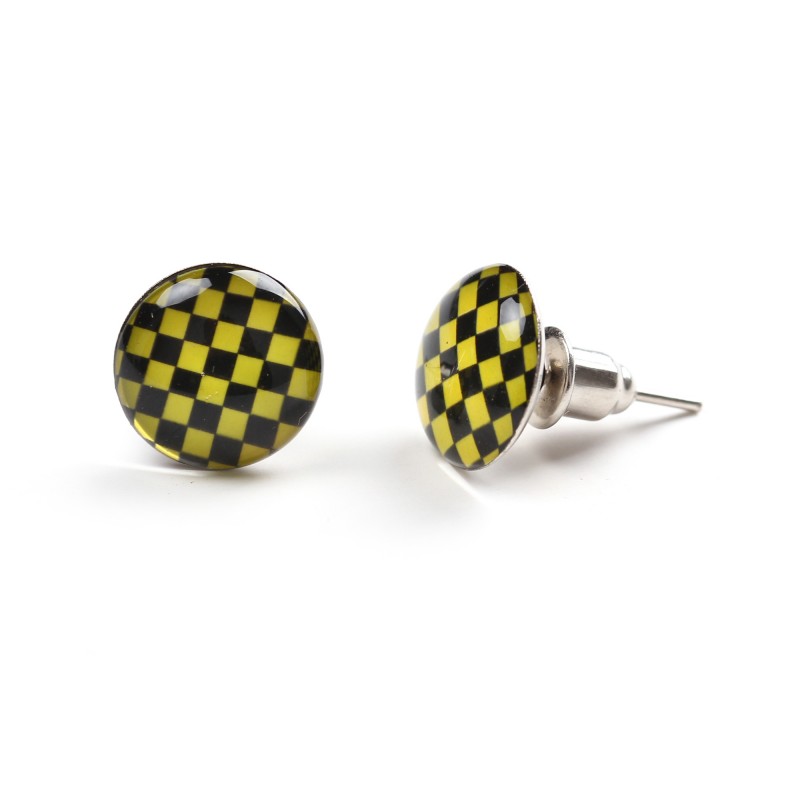 Yellow And Black Checkered Stainless Steel Unisex Stud Earrings